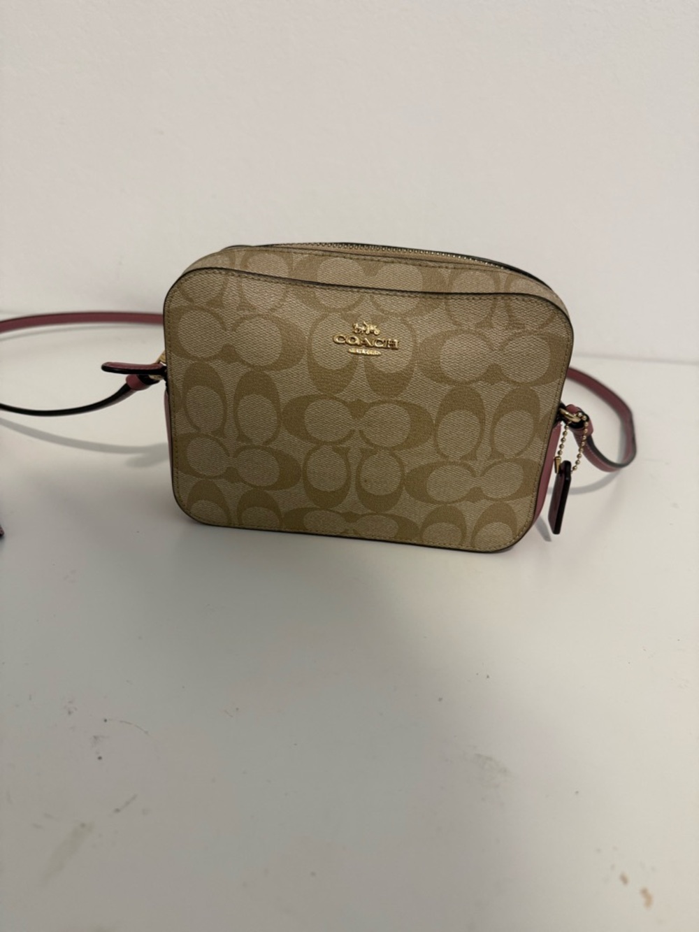 Coach Khaki/Chalk Signature Crossbody Camera Bag with Pink Trim